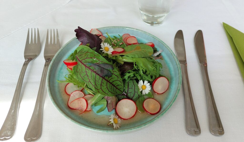 Basischer Frühlingssalat mit Radieschen und Gänseblümchen