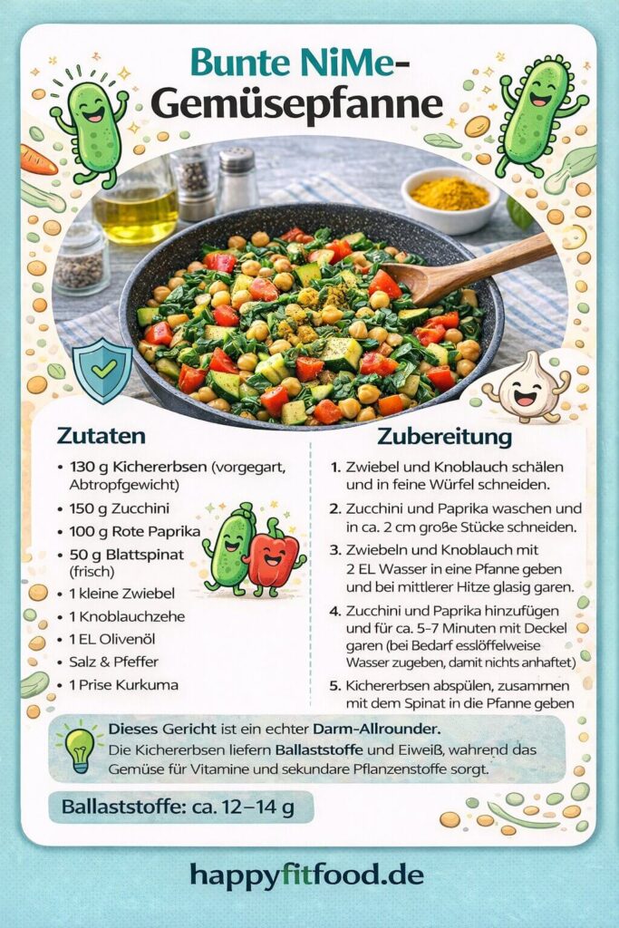Rezeptkarte für die bunte NiMe Gemüsepfanne mit Kichererbsen als darmgesundes Abendessen (Restore-diet).