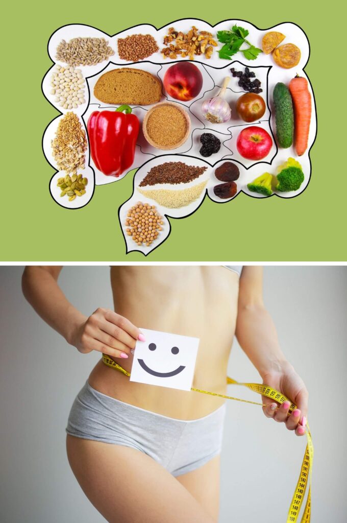 Eine Frau misst ihren Bauchumfang mit einem Smiley-Sticker und eine Grafik zeigt darmgesunde Lebensmittel der NiMe Diät bzw. Restore-Diät.