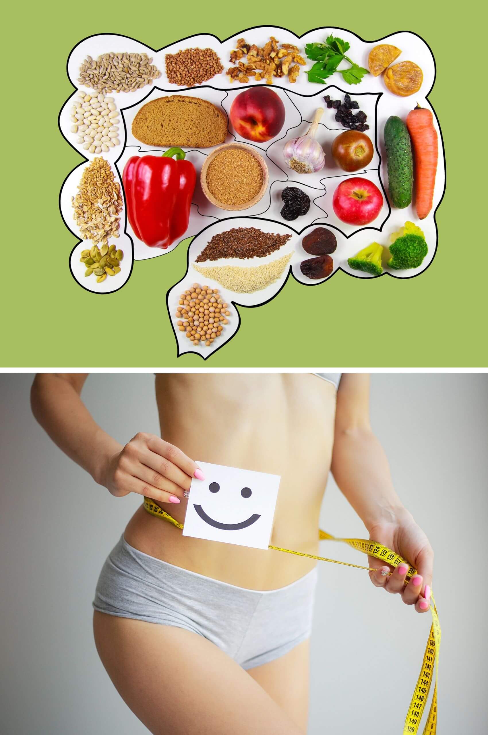 Eine Frau misst ihren Bauchumfang mit einem Smiley-Sticker und eine Grafik zeigt darmgesunde Lebensmittel der NiMe Diät bzw. Restore-Diät.