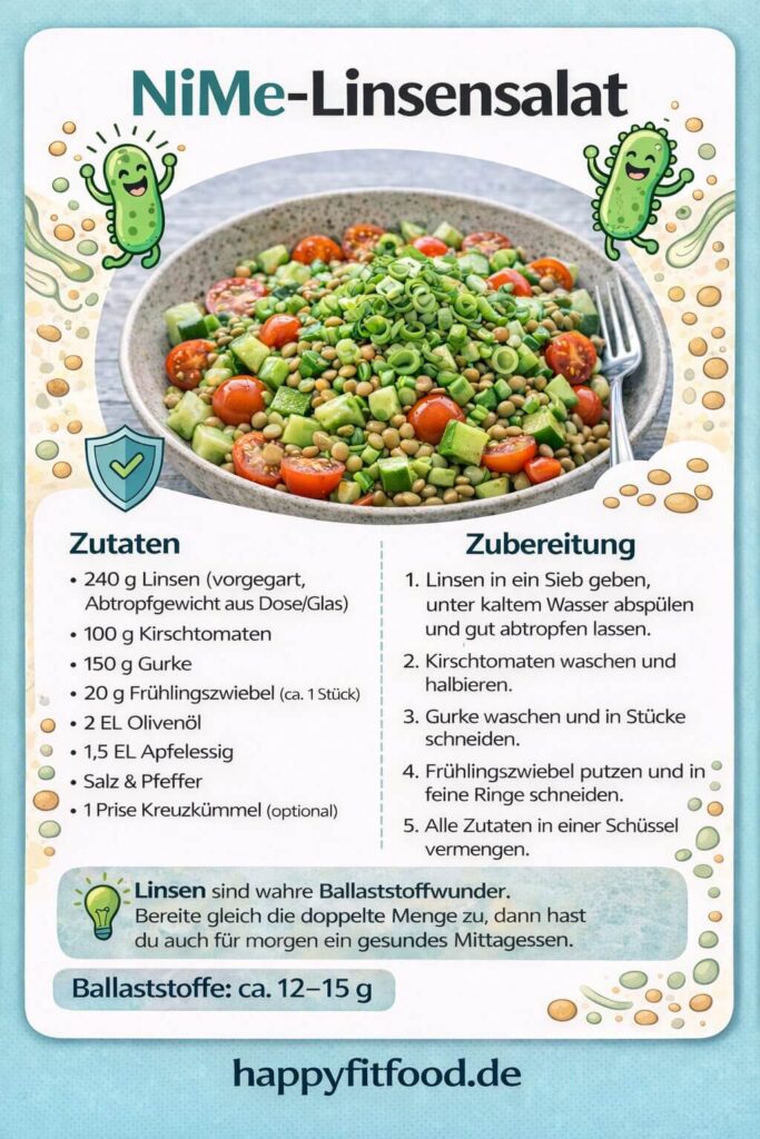 Schritt-für-Schritt-Anleitung für den proteinreichen NiMe Linsensalat mit Kirschtomaten und Gurken.