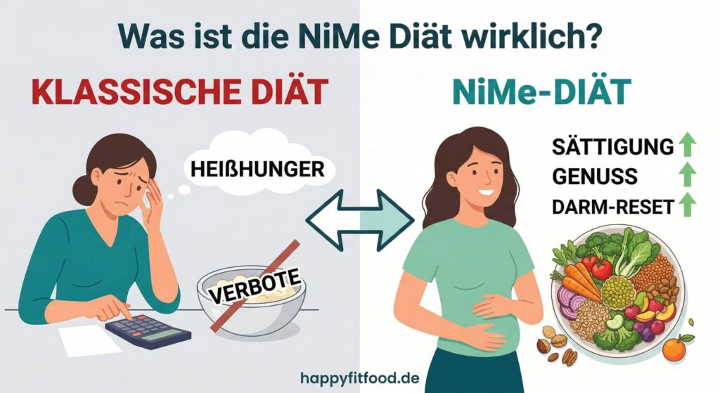Vergleichsgrafik zwischen klassischer Diät und NiMe Diät bzw. Restore Diät: Sättigung, Verbote und Heißhunger vs. Genuss und Darm-Reset.