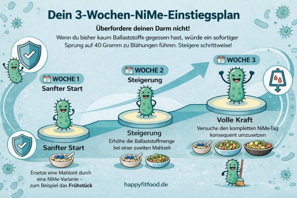 Infografik zum 3-Wochen-Einstiegsplan der NiMe Diät zur schrittweisen Steigerung der Ballaststoffmenge während dieser Restore-Diät.