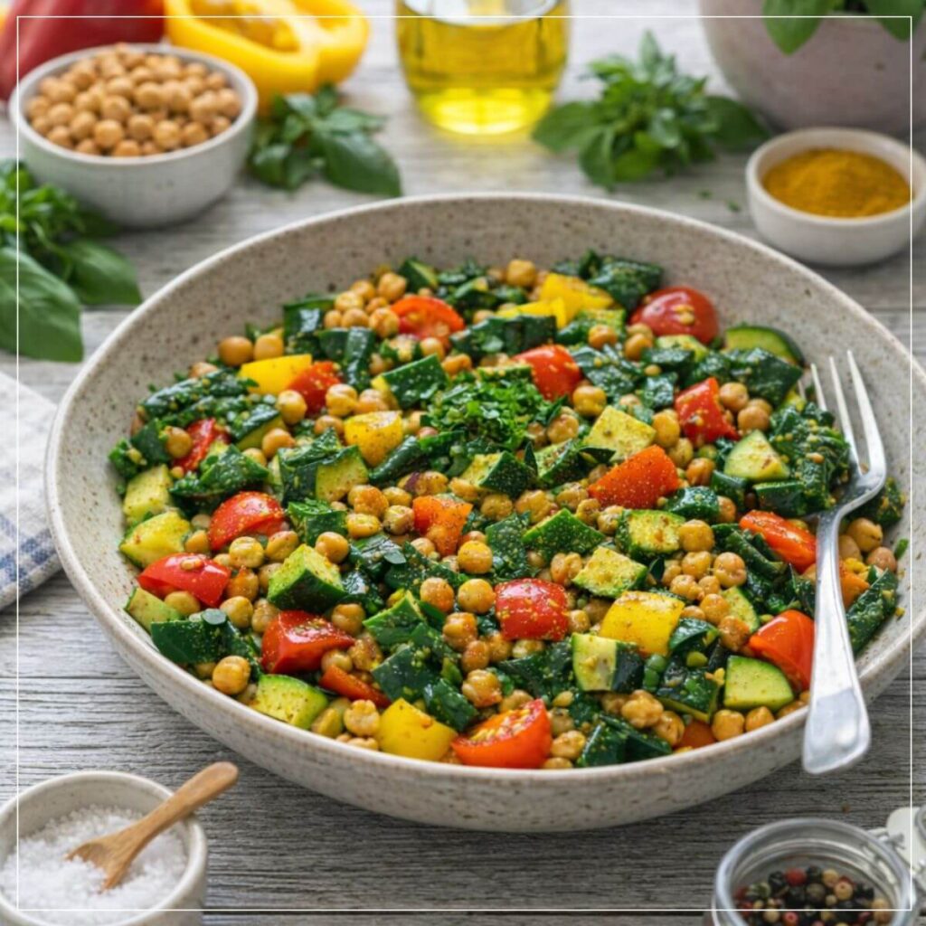 Bunte Gemüsepfanne mit Kichererbsen – ein gesundes Abendessen im Rahmen der NiMe Diät (Restore Diät).