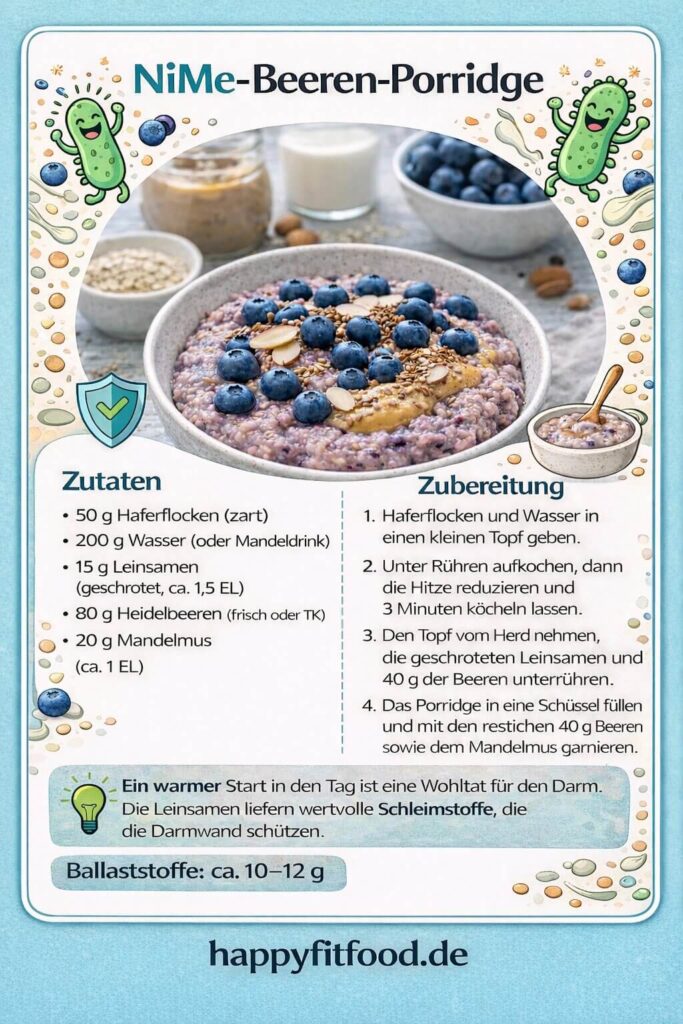 Rezeptkarte für das NiMe-Beeren-Porridge mit Haferflocken und Leinsamen – ideal für die Restore Diät.