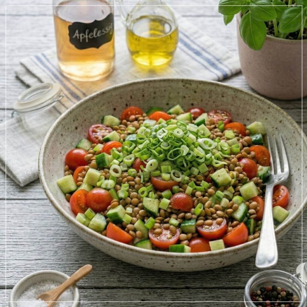 Proteinreicher Linsensalat mit Tomaten und Gurken – Mittagessen nach dem NiMe-Prinzip bzw. der Restore Diät.