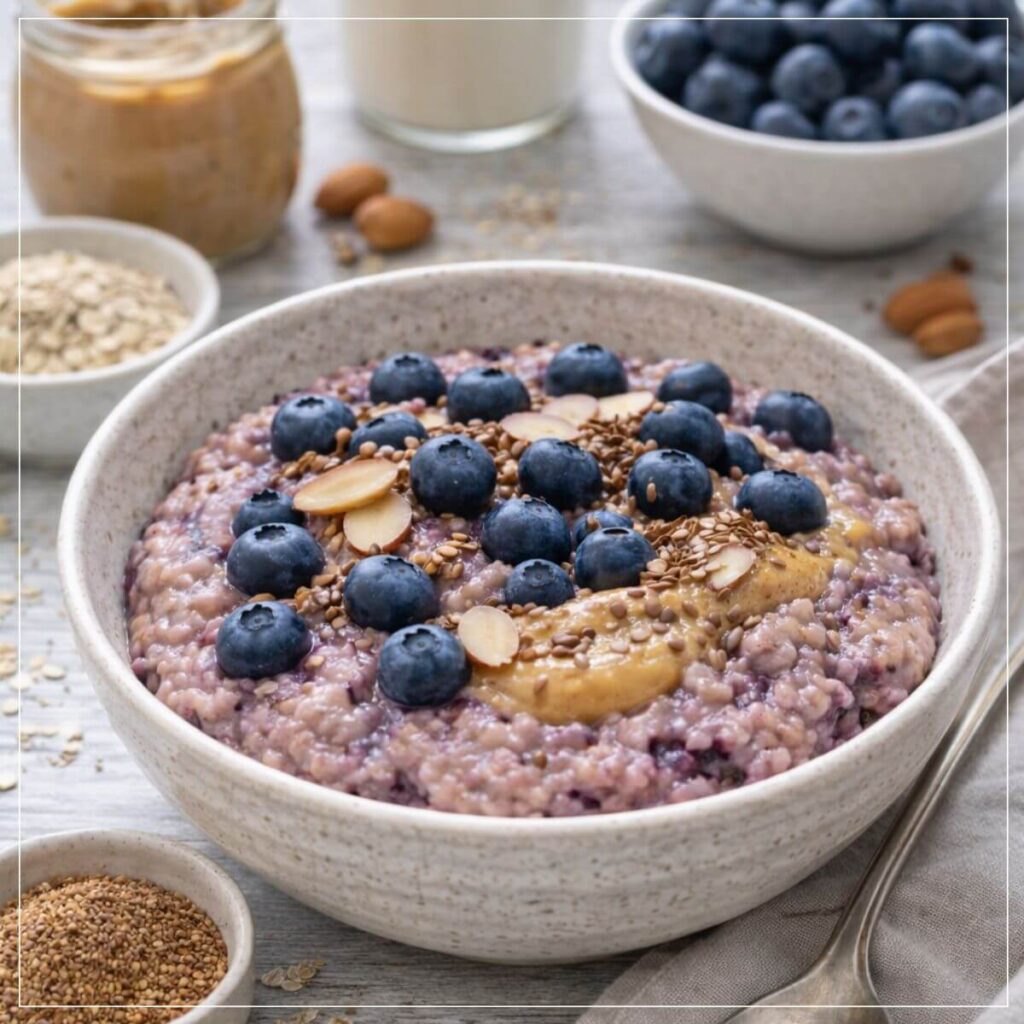 Ballaststoffreiches NiMe Frühstück: Porridge mit Heidelbeeren und Leinsamen für einen darmgesunden Start.