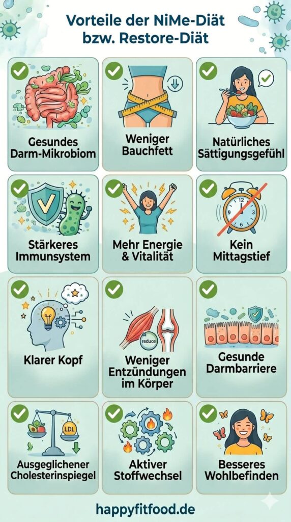 Infografik mit 12 Vorteilen der NiMe Diät & Restore Diät: Von weniger Bauchfett über mehr Energie bis hin zu einem gesunden Darm-Mikrobiom.